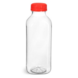 16 oz Plastic Bottles, Clear PET Square Beverage Bottles w/ Red Tamper Evident Caps