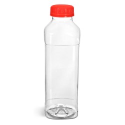 16 oz Plastic Bottles, Clear PET Square Beverage Bottles w/ Red Polypro Tamper Evident Caps