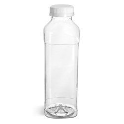 16 oz Plastic Bottles, Clear PET Square Beverage Bottles w/ White Polypro Tamper Evident Caps