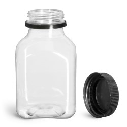 8 oz Plastic Bottles, Clear PET Square Beverage Bottles w/ Black Polypro Tamper Evident Polypro Caps