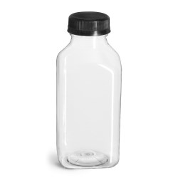 12 oz Plastic Bottles, Clear PET Square Beverage Bottles w/ Black Polypro Tamper Evident Polypro Caps