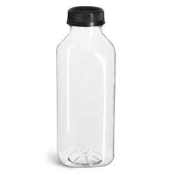 16 oz Plastic Bottles, Clear PET Square Beverage Bottles w/ Black Polypro Tamper Evident Polypro Caps