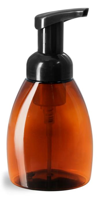 250 ml Plastic Bottles, Amber PET Bottles w/ Black Foamer Pumps