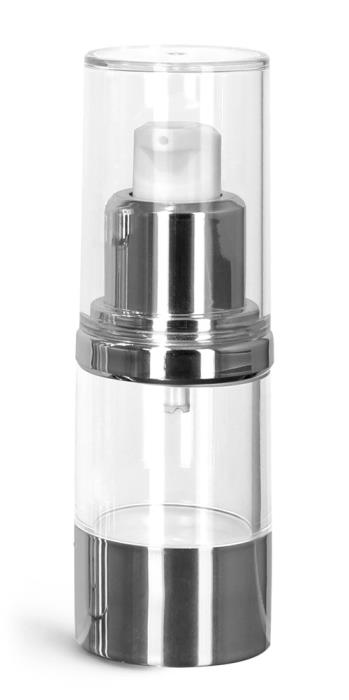 15 ml Styrene Plastic Bottles, Clear Airless Pump Bottles w/ Silver Pumps & Clear Caps