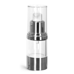 15 ml Styrene Plastic Bottles, Clear Airless Pump Bottles w/ Silver Pumps & Clear Caps