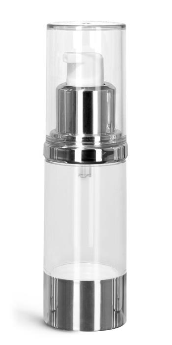 30 ml Styrene Plastic Bottles, Clear Airless Pump Bottles w/ Silver Pumps & Clear Caps