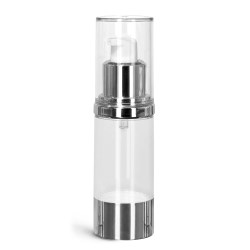 30 ml Styrene Plastic Bottles, Clear Airless Pump Bottles w/ Silver Pumps & Clear Caps