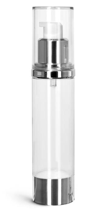 50 ml Styrene Plastic Bottles, Clear Airless Pump Bottles w/ Silver Pumps & Clear Caps