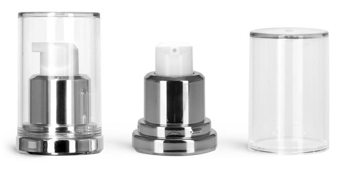 33.4 mm Plastic Pumps, Silver Airless Pumps w/ Clear Caps