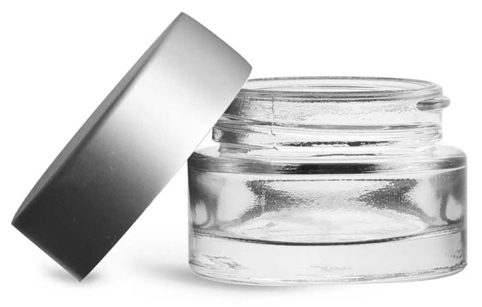 0.5 oz Clear Glass Thick Wall Cosmetic Jars w/ Matte Silver PE-F217 Lined Caps