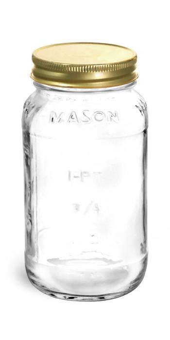 25 oz Clear Glass Mason Jars w/ Gold Metal Plastisol Lined Caps