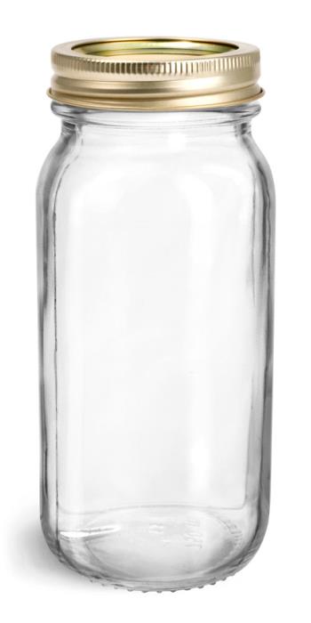 750 ml Glass Jars, Clear Glass Mayberry Jars w/ Gold Two Piece Canning Lids