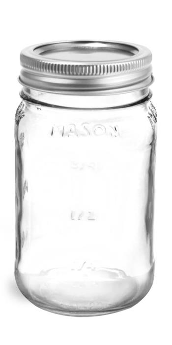 16 oz Glass Jars, Clear Glass Mason Jars w/ Silver Two Piece Canning Lids