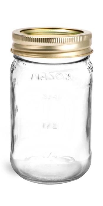 16 oz Glass Jars, Clear Glass Mason Jars w/ Gold Two Piece Canning Lids