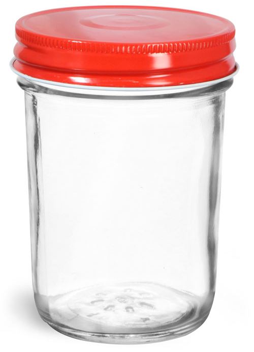 8 oz Clear Glass Jelly Jars w/ Red Metal Plastisol Lined Caps