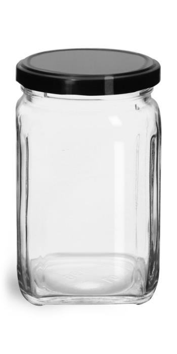 9.8 oz Glass Jars, Clear Glass Square Jars w/ Black Metal Lug Caps