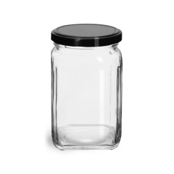 9.8 oz Glass Jars, Clear Glass Square Jars w/ Black Metal Lug Caps