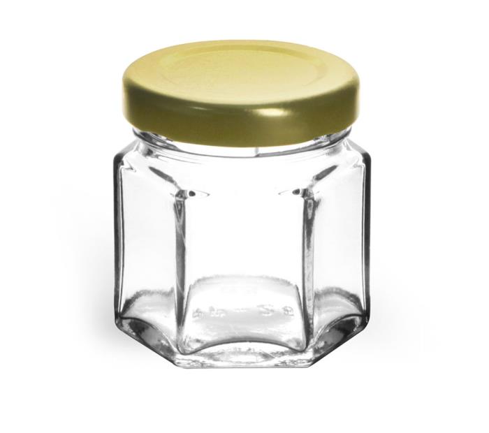 1 1/2 oz Clear Glass Hexagon Jars w/ Gold Lug Caps