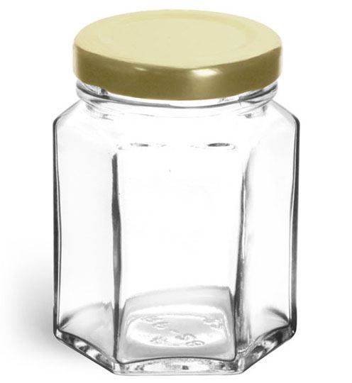 3 3/4 oz Clear Glass Hexagon Jars w/ Gold Lug Caps