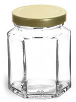 6 oz Clear Glass Hexagon Jars w/ Gold Lug Caps