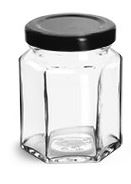 3 3/4 oz Clear Glass Hexagon Jars w/ Black Metal Lug Caps