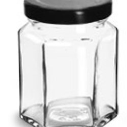 3 3/4 oz Clear Glass Hexagon Jars w/ Black Metal Lug Caps