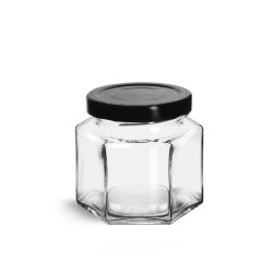 4 oz Clear Glass Hexagon Jars w/ Black Metal Lug Caps