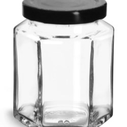 6 oz Clear Glass Hexagon Jars w/ Black Metal Lug Caps