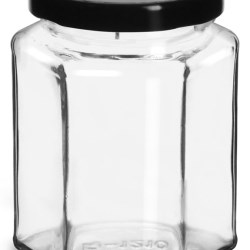 9 oz Clear Glass Hexagon Jars w/ Black Metal Lug Caps