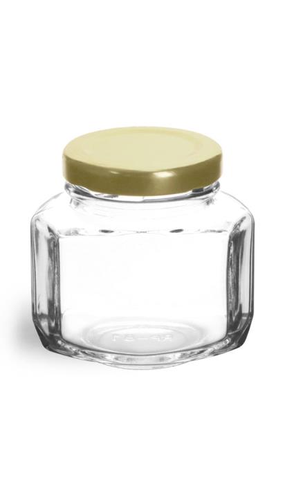 3 3/4 oz Clear Glass Oval Hexagon Jar w/ Gold Lug Caps