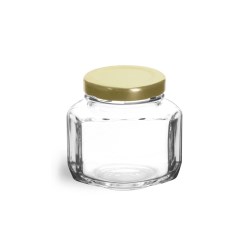 3 3/4 oz Clear Glass Oval Hexagon Jar w/ Gold Lug Caps