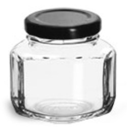 3 3/4 oz Clear Glass Oval Hexagon Jars w/ Black Metal Lug Caps