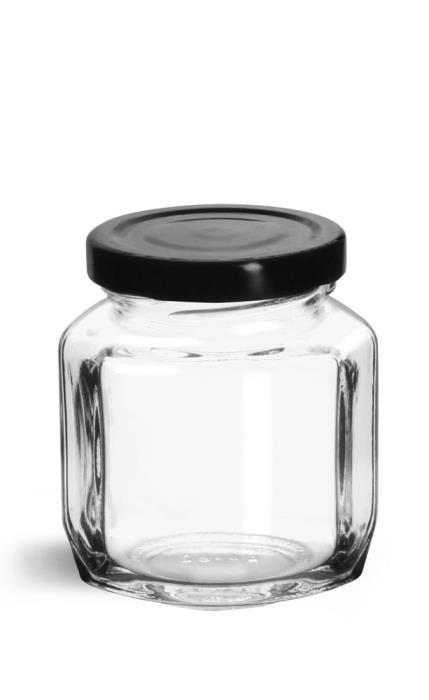 6 oz Clear Glass Oval Hexagon Jars w/ Black Metal Lug Caps