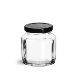 6 oz Clear Glass Oval Hexagon Jars w/ Black Metal Lug Caps