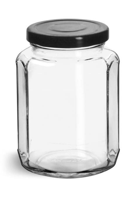 12 oz Clear Glass Oval Hexagon Jars w/ Black Metal Lug Caps