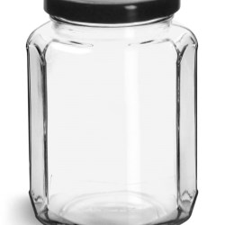 12 oz Clear Glass Oval Hexagon Jars w/ Black Metal Lug Caps