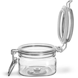 5 oz Clear PET Square Wire Bale Jars w/ Hinged Lids