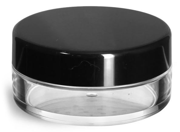 20 ml Clear Styrene Powder Jars w/ Sifters and Black Smooth Plastic Caps