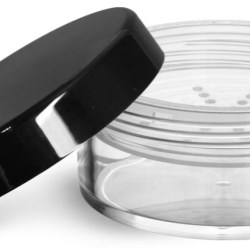 45 ml Clear Styrene Powder Jars w/ Sifters and Black Smooth Plastic Caps