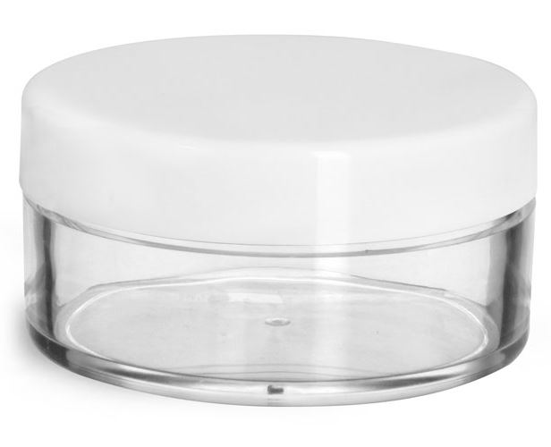 45 ml Plastic Jars, Clear Styrene Jars w/ White Smooth Lined Caps