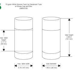 75 gram Plastic Tubes, White Styrene Twist Up Deodorant Tubes w/ White Screw Caps and Discs