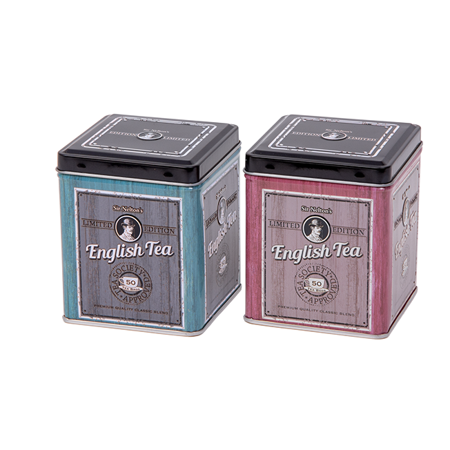 Square tin 100 g with hinged lid, embossed (assorted)