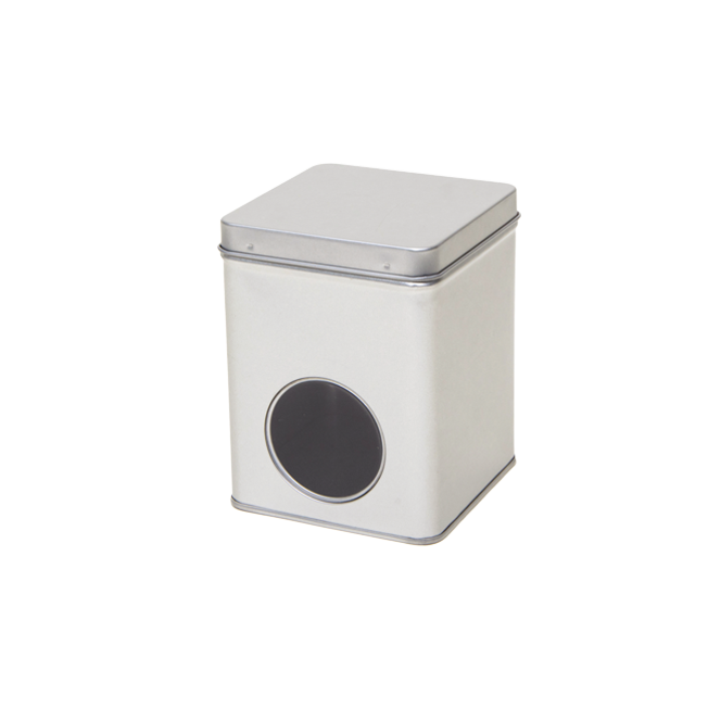 Square tin 100 g with hinged lid and window