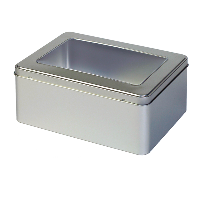 Rectangular tin with hinged lid and window