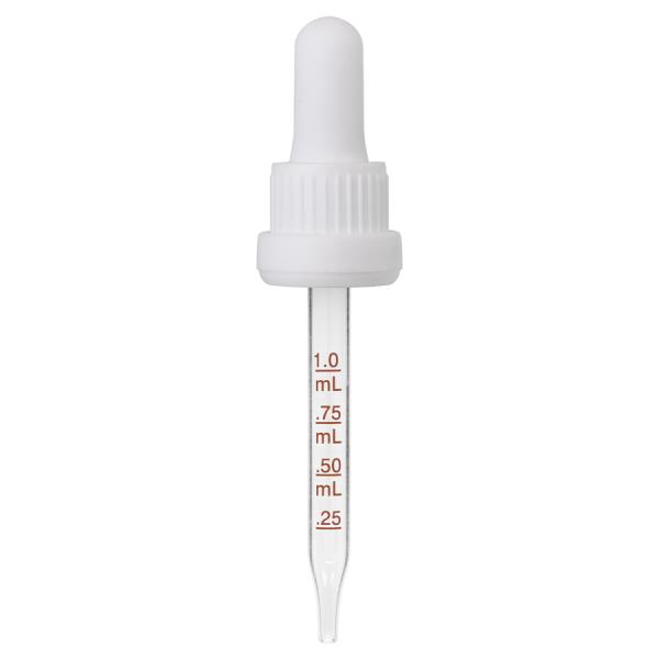 1 oz White Medical Grade Graduated Glass Dropper with Long Bulb & Tamper Evident Seal (18-400)(Heavy Duty)