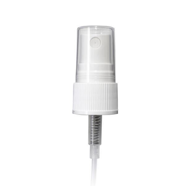 White PP 20-410 Ribbed Skirt Fine Mist Fingertip Sprayer with 80mm Dip Tube Clear Overcap