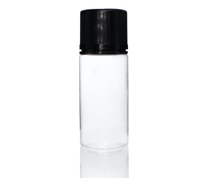 100 ml PET Clear Signature Wolf Bottle with Black Flat Cap and Pre-Inserted Tip