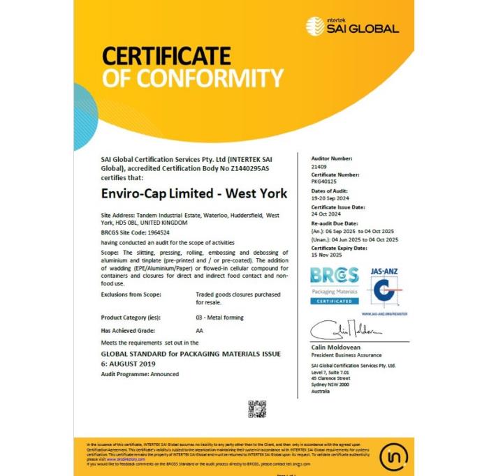 Enviro-Cap Once Again Achieves AA rated BRCGS Certificate of Conformity